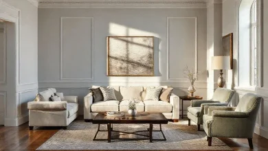 Açık gri tonları ile ev dekorasyonu için uyumlu mobilya seçimi ve modern tasarım fikirleri.