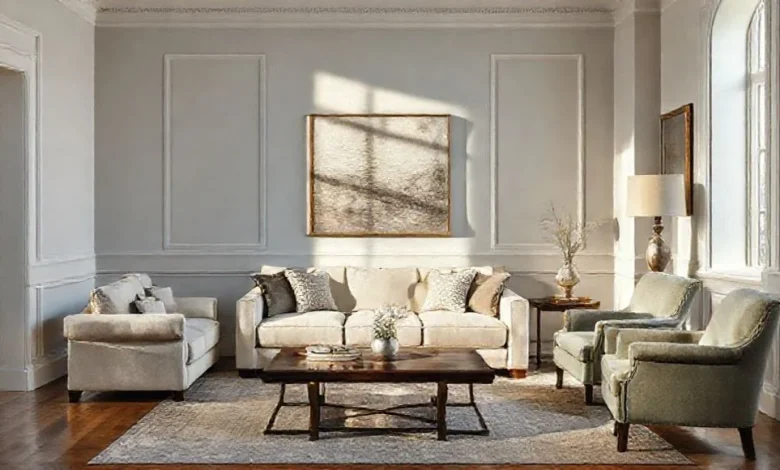 Açık gri tonları ile ev dekorasyonu için uyumlu mobilya seçimi ve modern tasarım fikirleri.