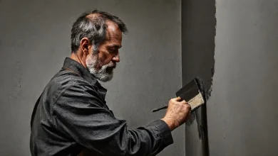 Antrasit gri boya uygulaması, rulo ve fırça ile duvar boyama ipuçları. Modern iç mekan dekorasyonu.