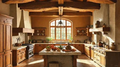 Country mutfaklarda sıcak ve samimi renklerle уютlu iç mekan tasarımı.