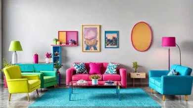 Açık gri duvarlı şık bir oturma odası, modern mobilyalarla dekore edilmiş. Ev dekorasyonu ve mobilya seçimi.