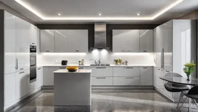 Açık gri mutfak dolapları, 2026 trendleri. Modern ve şık mutfak dekorasyonu.