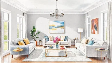 Açık gri ve canlı dokunuşlarla şık ev dekorasyonu önerileri.