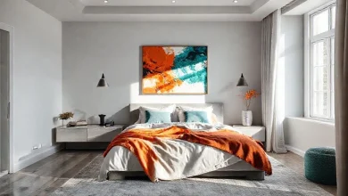 Açık gri yatak odası dekorasyonu, modern, sakin ve huzurlu bir atmosfer.