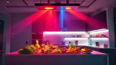 Açık mutfaklarda yapay ışık ve renk değişimi etkisi. Mutfak aydınlatma çözümleri.