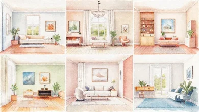 Oda oda analog renk uyumu örneği: modern oturma odası. 2026 iç mekan dekorasyon renk kılavuzu ve trendleri.