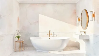 Lüks banyo trendleri için ilham veren, şık boya renkleri ve dokularıyla dekore edilmiş modern bir banyo görünümü.