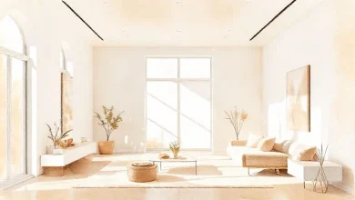 Bej rengiyle ferah ve geniş görünen modern bir iç mekan. 2026'da mekanları genişleten tasarım sırları.