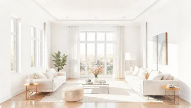 Beyazın 50 tonuyla 2026 ev dekorasyonu trendlerini yansıtan modern iç mekan tasarımı.