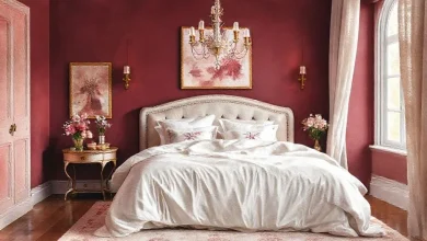 Bordo boya renginde duvarlara sahip, romantik ve sıcak bir ambiyans sunan modern yatak odası dekorasyonu.