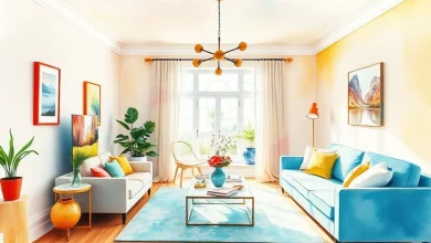 Enerjik salonlar için popüler canlı renkleri gösteren modern iç mekan dekorasyon örneği.