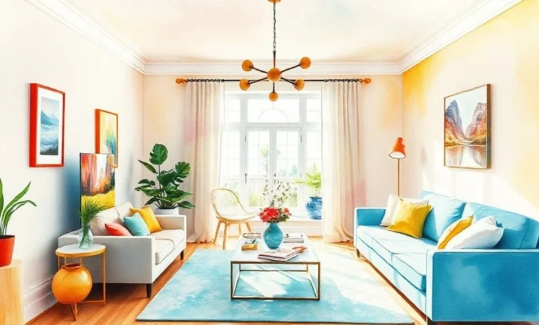 Enerjik salonlar için popüler canlı renkleri gösteren modern iç mekan dekorasyon örneği.