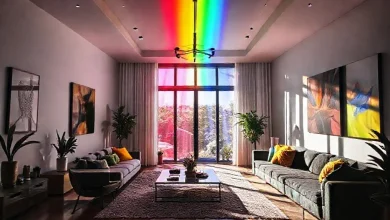 Canlı renkler trendiyle pozitif enerji yayan modern ev dekorasyonu. İç mekanda dinamik ve neşeli atmosfer.