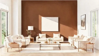 2026 trend koyu kahve duvar boyasıyla dekore edilmiş modern bir iç mekan. Oturma odası, yatak odası, mutfak.