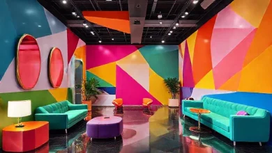 Salonlarda modern 2026 geometrik renk uygulamaları. Çağdaş iç tasarım ve duvar dekorasyonu fikirleri.