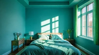 Yatak odası için en iyi rahatlatıcı renklerle dekore edilmiş, huzurlu ve modern bir yatak odası.